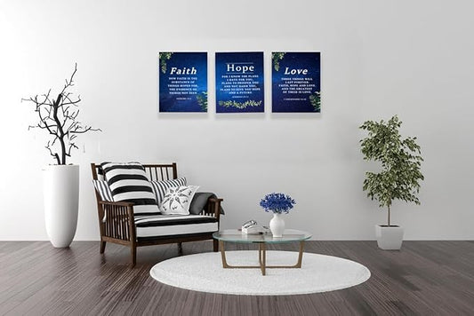 Faith, Hope & Love Bible Verse Inspirational Wall Art, Christian Canvas Decor Gift for Living Room Bedroom (8 X 10in X 3 pcs) Framed (Starry Sky)