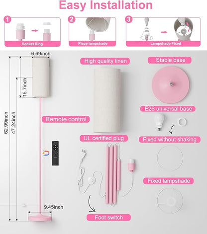 luckystyle LED Floor Lamp for Living Room, Dimmable Tall Lamps with Foot Switch,Remote Custom Color Temperature Pink Pole Lamp with Lampshade,12W Led Bulb Standing Lamps for Bedroom Office Kid Room