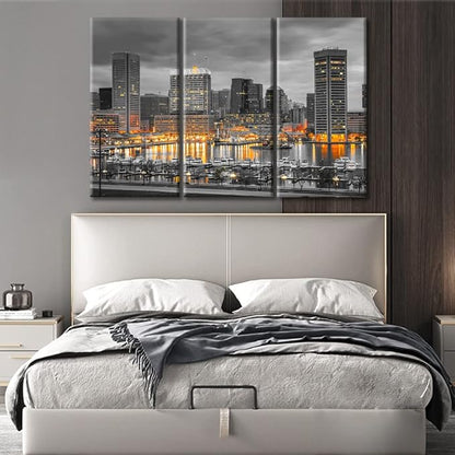 TUMOVO 3 Pieces American Cityscape Canvas Paintings Home Decor Baltimore Skyline Wall Art for Living Room City Skyscrapers Artwork Modern Home Decor Framed Ready to Hang (42" Wx28 H)