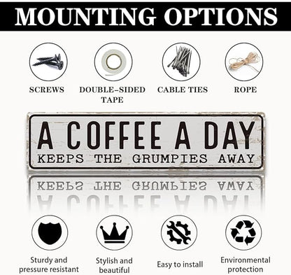 Coffee Signs Decor, A Coffee A Day Keeps the Grum Pies Away Sign, Farmhouse Wall Decor for Home, Vintage Bar or Dorm, Retro Metal Tin Sign, Decorative Metal Wall Signs 15.8x4 Inches