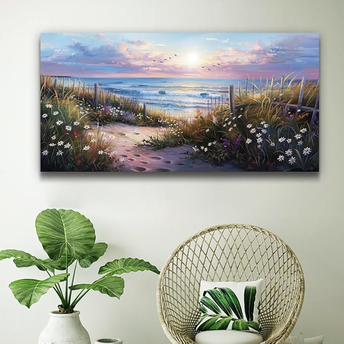 hyidecorart Large Wall Art For Living Room Canvas Wall Decor For Bedroom Blue Ocean Artwork Pictures Flower Beach Scenery Wall Painting Framed for Office Hotel Decor Modern Posters Home Decorations