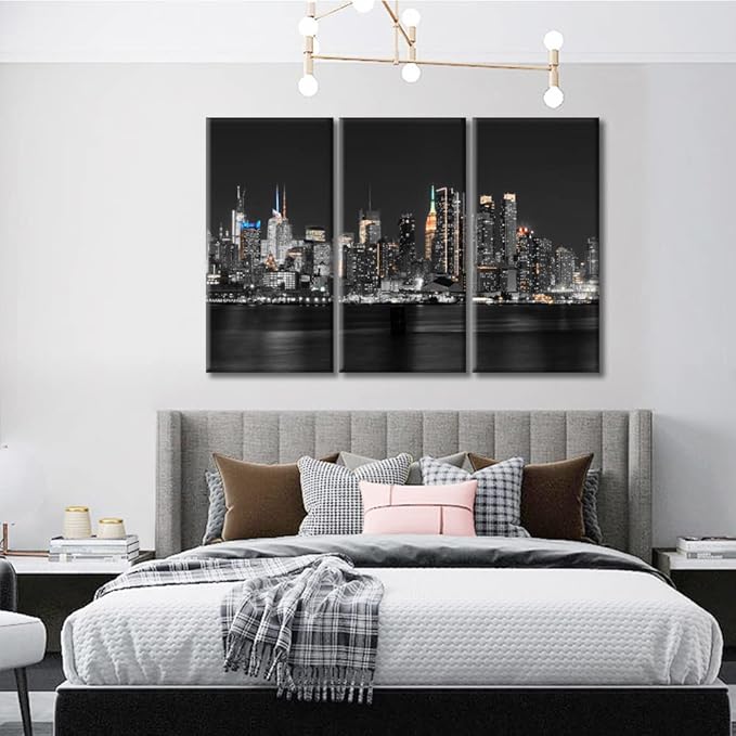 TUMOVO 3 Piece Wall Decor American Cityscape Canvas Paintings for Bedroom, Bathroom, Office. Manhattan Skyscrapers Skyline House Decor Print on Canvas Framed Ready to Hang (42" Wx28 H)