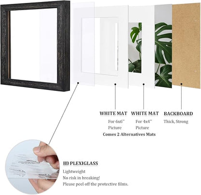 Egofine 8x8 Picture Frame Made of Solid Wood with Plexiglass, Display Pictures 4x4/6x6 with Mat or 8x8 Without Mat Set of 4 for Tabletop and Wall Mounting, Driftwood Black