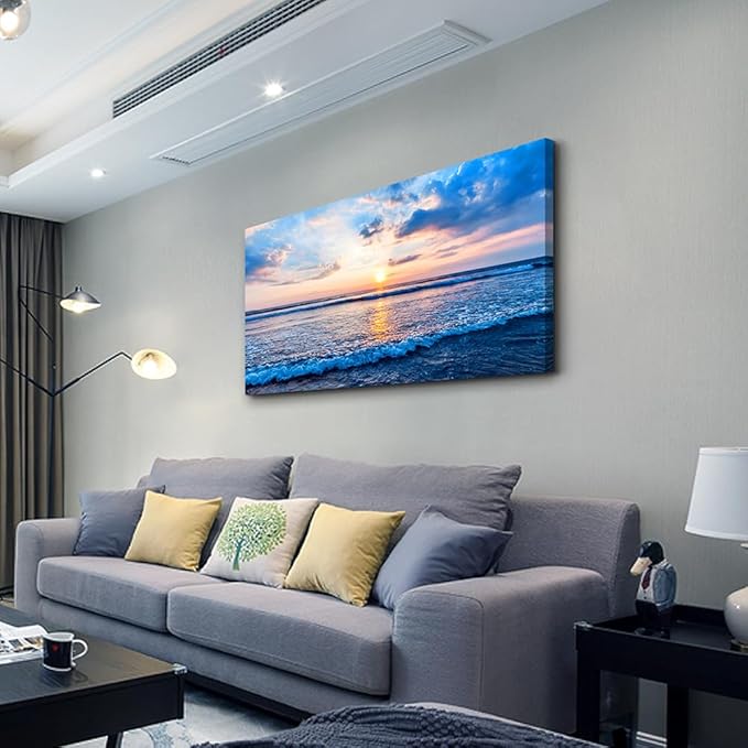 Wapluam Canvas Wall Art For Living Room Office Wall Decor Blue Beach Ocean Sea Waves Landscape Wall Painting Ready To Hang Bedroom Home Decorations Canvas Prints Posters Pictures Wall Mural Artwork