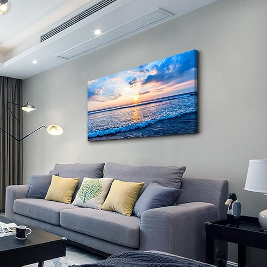 Wapluam Canvas Wall Art For Living Room Large Wall Decor Office Bedroom Home Decorations Blue Beach Ocean Sea Waves Landscape Wall Painting Posters Prints Pictures Wall Mural Artwork 24 X 48 in