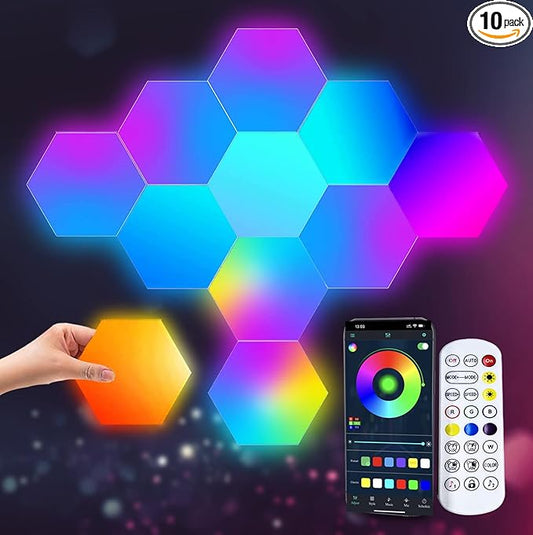 Hexagon LED Lights, Smart RGB-IC Gaming LED Wall Lights App & Remote Control Music Sync, Hexagon Light Panels DIY Geometry Ambience Lighting for Gaming Room Bedroom Streaming, 10 Panels