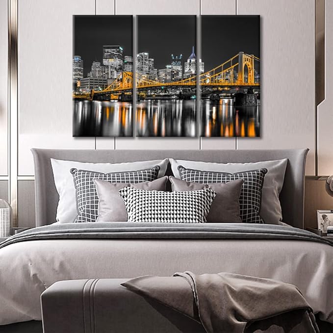 TUMOVO 3 Piece Pittsburgh Nighttime Lightscape Canvas Wall Art American Skyscrapers Cityscape Wall Decor Living Room Nighttime Lightscape Wall Decor for Bedroom Framed Ready to Hang (36" Wx24 H)