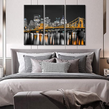 TUMOVO 3 Piece Pittsburgh Nighttime Lightscape Canvas Wall Art American Skyscrapers Cityscape Wall Decor Living Room Nighttime Lightscape Wall Decor for Bedroom Framed Ready to Hang (36" Wx24 H)