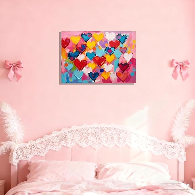16x24 Graffiti Pink Hearts Canvas Art Wall Modern Abstract Love Painting Colorful Kids Bedroom Decor Photo Teen Girl Rainbow Room Wall Posters Child Gift Bathroom Oil Prints Office Bright Pictures