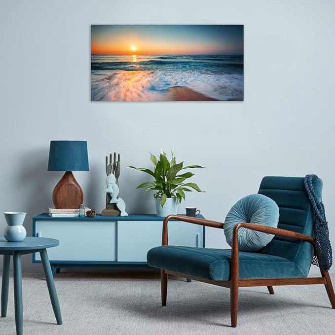 TutuBeer 1 Panel Beach Pictures Wall Art Blue Sea White Beach at Sunrise Pictures Print on Canvas Sea Wall Decor Seascape Paintings for Home Decor Stretched and Framed Easy to Hang 8x16 inch