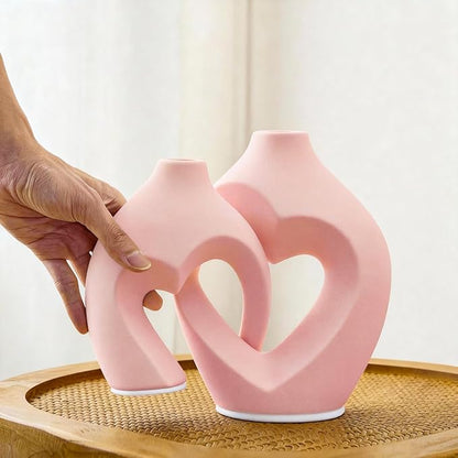 Zormon Pink Heart Shaped Ceramic Vases Set of 2, Modern Nordic Minimalist Flower Vases for Home Decor, Hollow Aesthetic Vases for Living Room, Shelf, Table, Office and Wedding Centerpieces