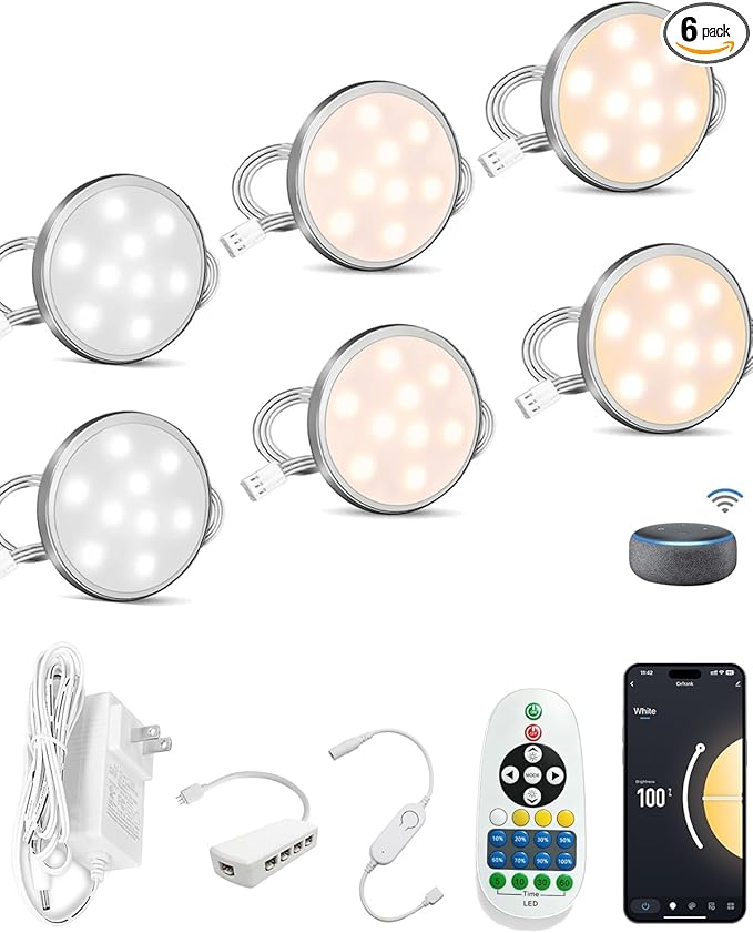 Cefrank Smart Puck Lights 6 Pack - [2700K-6000K Dimmable] WiFi Under Cabinet Lighting Kit, No Hub Alexa & Google Assistant Controlled, Easy Stick on Lights for Kitchen, Pantry, Closet & Safe