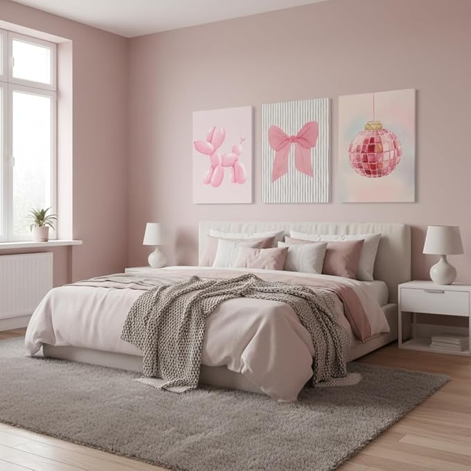 Yxjyzzkx Pink Cute Wall Art Set of 3 – Aesthetic Canvas Prints for Girls Room, Nursery & Kids Bedroom, Pink Bow Balloon Dog Chandelier Artwork, Modern Kawaii Wall Decor