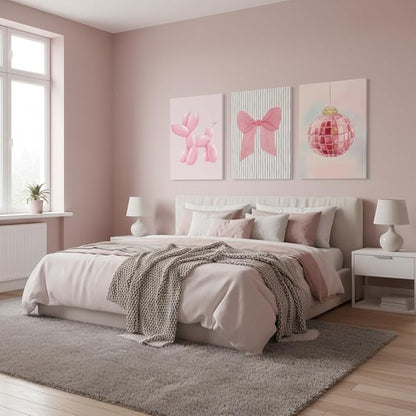 Yxjyzzkx Pink Cute Wall Art Set of 3 – Aesthetic Canvas Prints for Girls Room, Nursery & Kids Bedroom, Pink Bow Balloon Dog Chandelier Artwork, Modern Kawaii Wall Decor