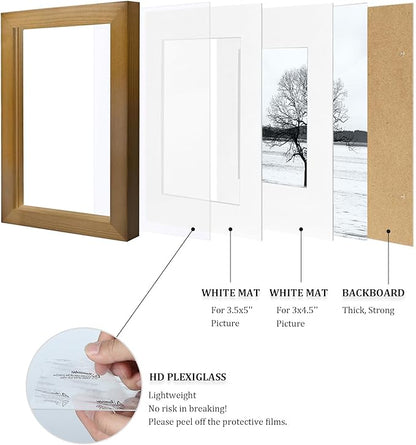 Egofine 4x6 Frames Set of 4, Made of Solid Wood Covered by Plexiglass 3x4.5 and 3.5x5 with Mat or 4x6 without Mat, for Table Top Display and Wall Mounting Photo Frame, Light Brown