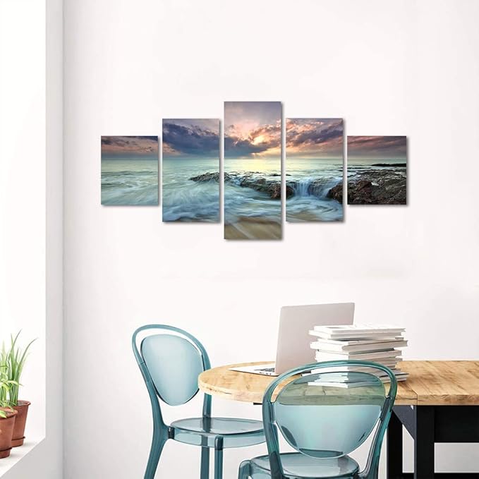 Romantic Beach Landscape Painting on Canvas 5 Piece Set Combination Posters and Prints Modern Pictures Wall Art for Living Room Home Decor Gallery-wrapped Framed (50''W x 24''H)