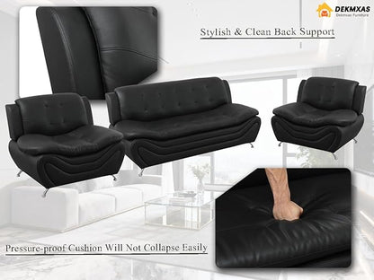 Faux Leather Sofa Couches Set, Living Room Furniture Sets, Black Sofa and 2 Chairs for Bedroom, Apartment, for Living Room