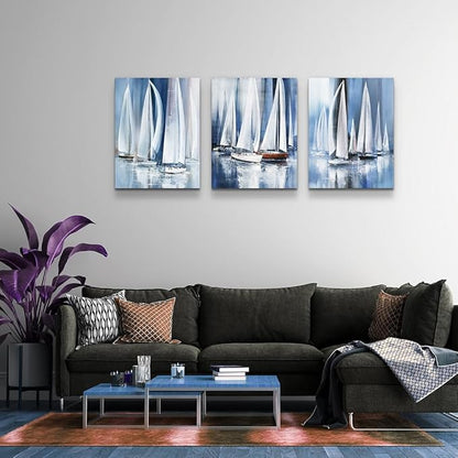 3 Piece Framed Canvas Wall Art For Living Room Large Size Bedroom Wall Decor Art Ocean Landscape Sea Sailboat Abstract Canvas Painting Ready To Hang Office Home Decoration Poster Pictures Artworks