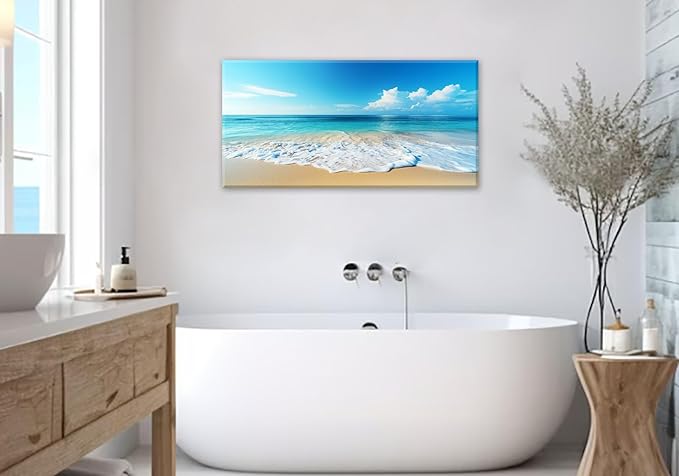 Beach Pictures Wall Art Canvas Print Ocean Pictures Wall Decor Blue Seascape Painting Large Beach Landscape Picture Modern for Home Living Room Bedroom Bathroom Office Decorations 20" x 40"