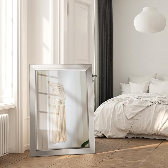 Renditions Gallery Rectangular Silver Wood Framed Body Mirror Verticle Or Horizontal Farmhouse Wall Mounted Vanity Mirror for Living Room Bedroom Home Decor - 41"x29" LT07
