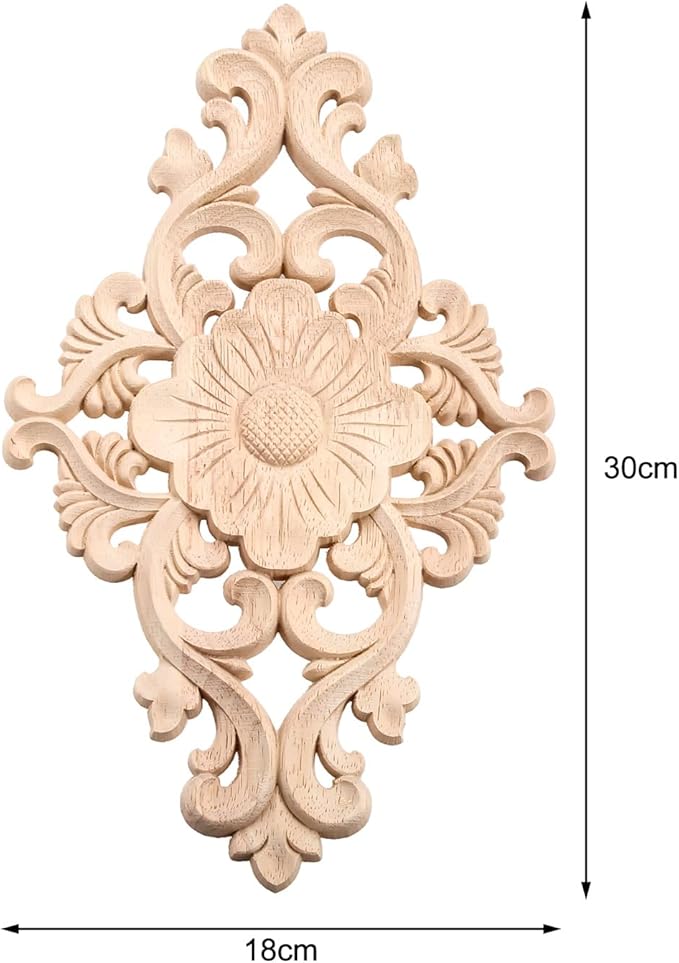 Wood Carved Appliques, 2Pcs Wooden Decorative Onlays, MUXSAM Unpainted Furniture Center Decals for Cabinet Dresser Bed Door Wall Wardrobe Ceiling Decoration Home DIY Project, 30x18cm/11.81"x7.09"