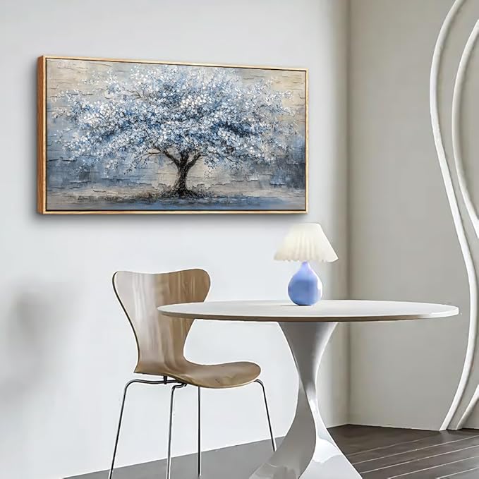 ZUITINGHUA Large Canvas Wall Art For Living Room Wood Framed Wall Decor For Office Modern Bedroom Decorations Grayish Blue Painting Tree Abstract Pictures Home Decor Posters Ready To Hang 24x48 In