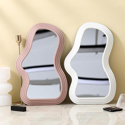Mokoze Wavy Wall Mirror, Irregular Decorative Accent for Bedroom Vanity Entryway Living Room, Pink Funky Aesthetic Wall Mounted or Tabletop Display, 15.94" x 10.24"