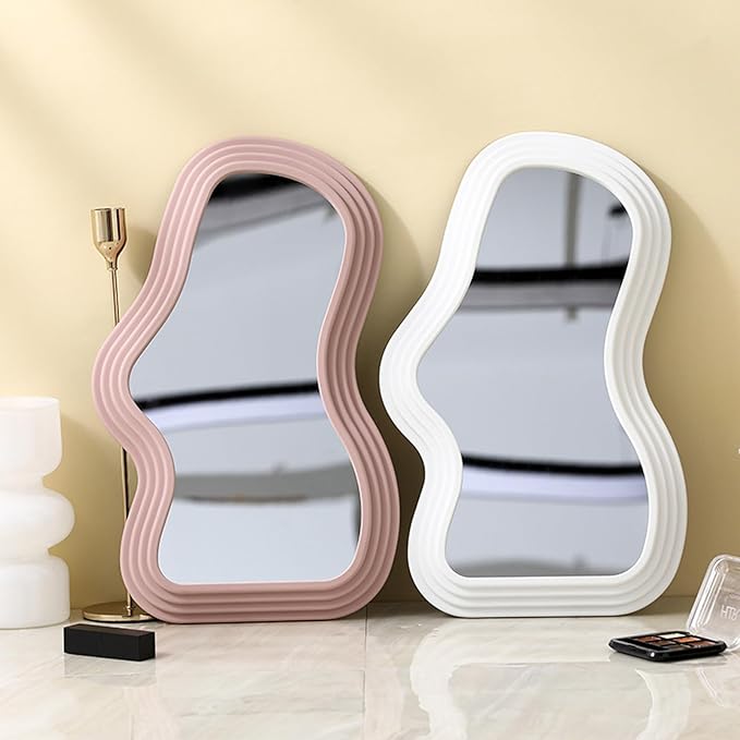 Mokoze Wavy Wall Mirror, Irregular Decorative Accent for Bedroom Vanity Entryway Living Room, White Funky Aesthetic Wall Mounted or Tabletop Display, 15.94" x 10.24"