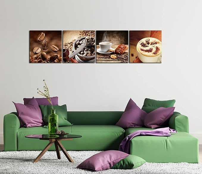 Wieco Art Warm Coffee Giclee Canvas Prints Wall Art Brown Bean Cup Pictures Paintings for Dining Room Kitchen Bar Home Decorations 4 Piece Large Modern Stretched and Framed Contemporary