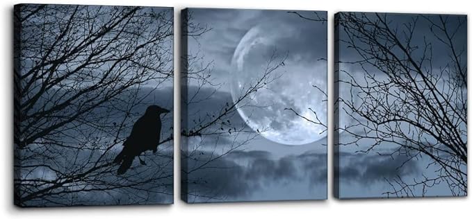Pacimo 3 Pieces Canvas Art Wall Decor Full Moon Halloween Pictures Black and White Wall Art Painting Prints on Canvas Modern Artwork Stretched and Framed Ready to Hang - 12" x 16" x 3
