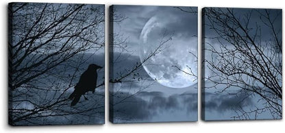 Pacimo 3 Pieces Canvas Art Wall Decor Full Moon Halloween Pictures Black and White Wall Art Painting Prints on Canvas Modern Artwork Stretched and Framed Ready to Hang - 12" x 16" x 3
