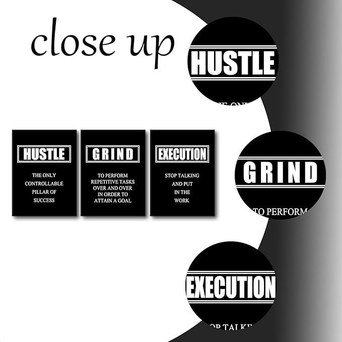 Hustle Grind Execution Inspirational Quotes Poster Motivational Wall Art Decoration Painting 3 Pieces Canvas Print Framed Stretched Artwork Modern Office Home Decor Ready to Hang [36''W X 16''H]