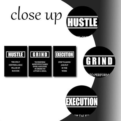 Hustle Grind Execution Inspirational Quotes Poster Motivational Wall Art Decoration Painting 3 Pieces Canvas Print Framed Stretched Artwork Modern Office Home Decor Ready to Hang [36''W X 16''H]