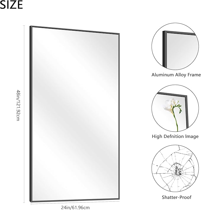 COFENY 48x24In Black Bathroom Mirror for Wall, Rectangle Mirrors with Metal Frame, Bathroom Rectangular Mirror Modern Wall Mirror for Bedroom Living Room, Entryway Hangs Horizontal or Vertical