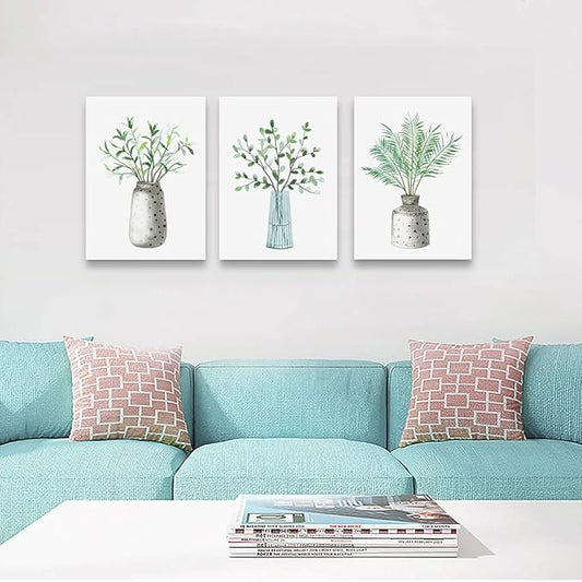 Lapremoly Family Canvas Wall Art For Kitchen Dining Room Wall Decor For Living Room Decoration For Office Vase Pictures Artwork Green Leaf Wall Paintings For Bedroom Home Walls Decor 3 Piece