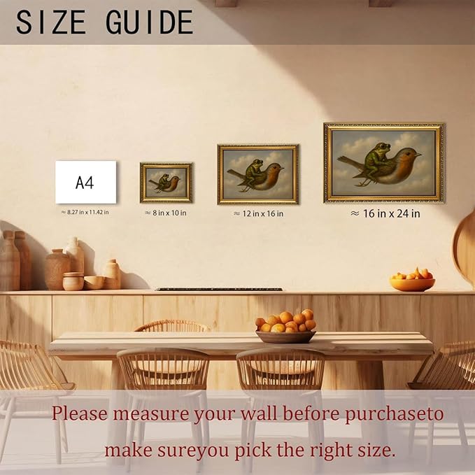 WZGZXU Gold Framed Wall Art Vintage Pictures Wall Decor Frog Riding Bird Canvas Art Funny Paintings Animal Prints Antique Artwork For Living Room Bedroom 12x16in