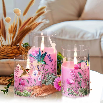 Eywamage Pink Hummingbird Floral Glass Flameless Candles with Remote, Flickering Battery LED Pillar Candles Set of 3, Spring Home Decor
