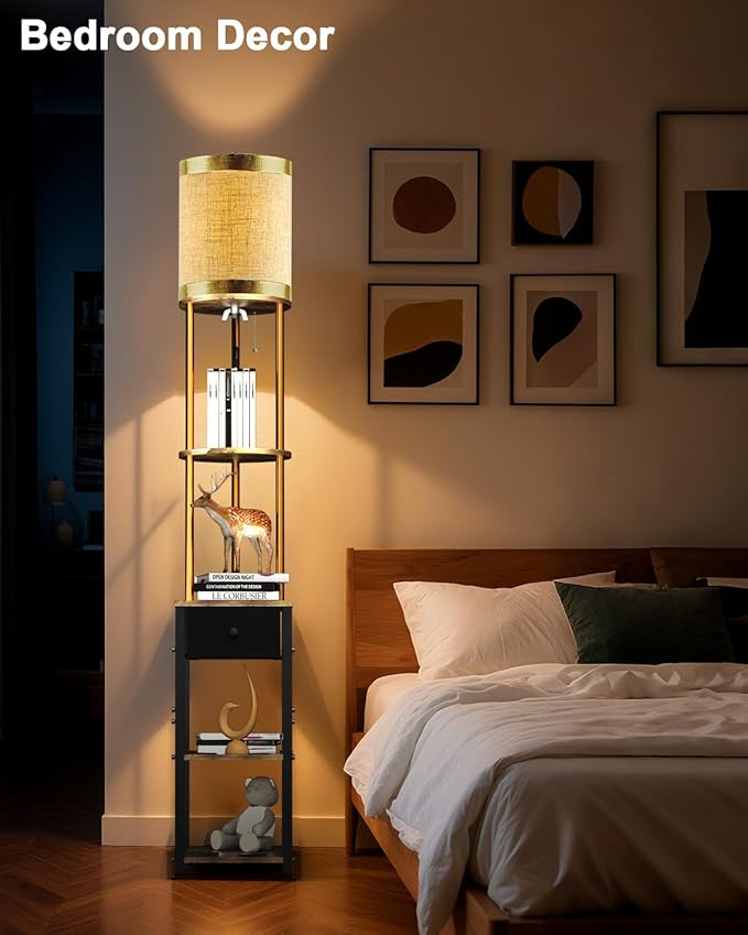 Lightdot 65IN Floor Lamps with Storage Table&Drawer, Corner Shelf Lamps with Black End Table and Fabric Shade, Modern Standing Tall Lamp for Living Room/Bedroom/Sofa Beside/Corner Decor(Bulb Included)