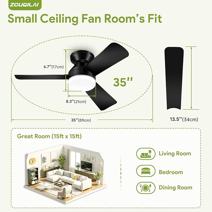 35" Black Ceiling Fans with Lights and Remote, Low Profile Ceiling Fan with Light, Reversible DC Motors, 3CCT Dimmable Timer Noiseless, Flush Mount Ceiling Fan for Bedroom/Living Room