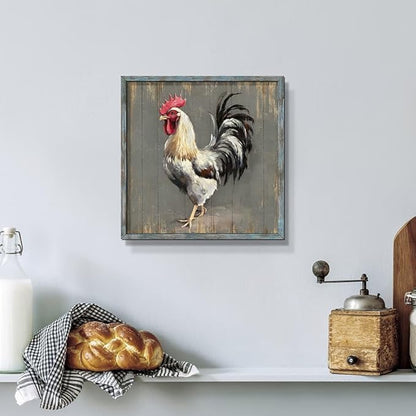 Rooster Wooden Wall Art Decor: Farm Cock Picture Country Animal Framed Artwork Rustic Farmhouse Chicken Painting for the Kitchen Bedroom 12"x12"