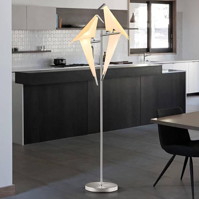 69" Modern Origami Crane Bird Floor Lamp, Sliver Metal Paper Crane LED Standing Light Origami Swing Bird PP Lampshade Lighting Fixtures for Bedroom Dinning Room