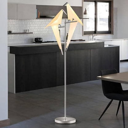 69" Modern Origami Crane Bird Floor Lamp, Sliver Metal Paper Crane LED Standing Light Origami Swing Bird PP Lampshade Lighting Fixtures for Bedroom Dinning Room