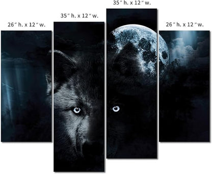 4 Panel Wall Art Black Wolf and Full Moon Painting The Picture Print On Canvas Animal Pictures for Home Decor Decoration Gift Piece (Stretched by Wooden Frame,Ready to Hang)