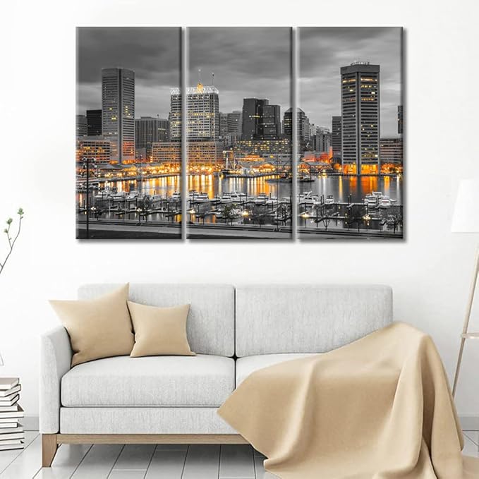 TUMOVO Baltimore Skyscrapers Cityscape Wall Decor for Bedroom 3 Piece American City Skyline Wall Decor Living Room Baltimore Architecture Posters and Prints Framed Ready to Hang (36" Wx24 H)