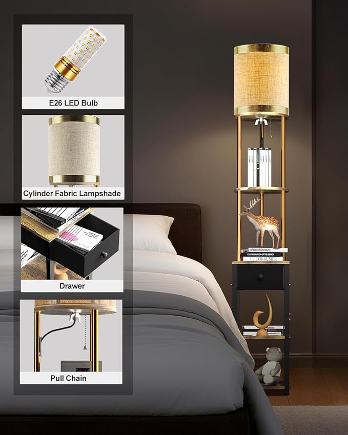 Lightdot 65IN Floor Lamps with Storage Table&Drawer, Corner Shelf Lamps with Black End Table and Fabric Shade, Modern Standing Tall Lamp for Living Room/Bedroom/Sofa Beside/Corner Decor(Bulb Included)