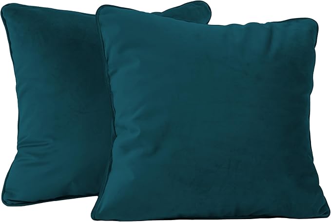 FDP 18" x 18" Velvet Square Pillow Set with Piping; Decorative Throw Pillow for Home Décor in Living Room, Bedroom or Lounge (2-Pack) - Peacock, 15158-345