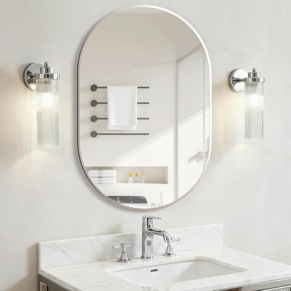 Oval Bathroom Mirror Capsule Wall Vanity Mirror, 24"x36" Pill Mirrors Wall Mounted Mirror, Large Modern Mirror with Silver Metal Frame, Decor for Entryway, Bedroom, Living Room