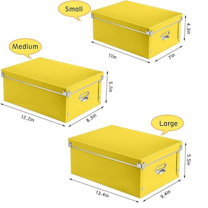 SEEKIND storage box with Lids,3 in 1 Set,Plastic,with Handles,Press-Stud Fastening,Moisture-proof,Foldable for Space Saving Storage,for Clothes,DVD,Blankets (Yellow) …