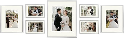 Golden State Art, Picture Frame Set 7 Pack, Gallery Wall Frame with One 11x14, Two 8x10, and Four 5x7. Aluminum Photos Frame for Wall or Tabletop Display (Style 1, Silver, 7 Pack)
