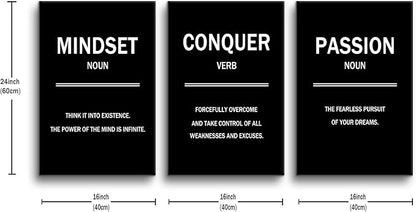 3 Pieces Motivational Canvas Wall Art Mindset Conquer Passion Picture Painting Entrepreneur quotes Posters Print Artwork for Office Classroom Wall Decoration Stretched and Framed [48''W x 24''H]